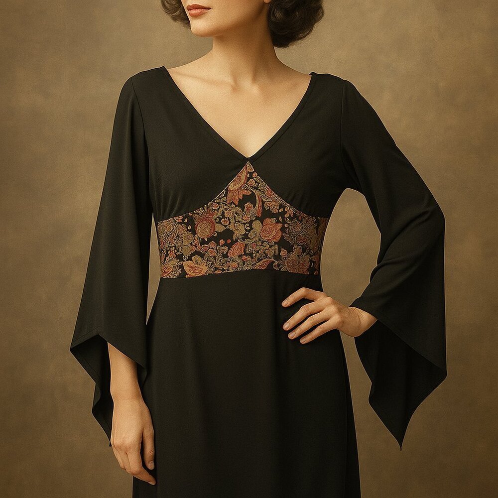 Vintage RAG Cold Shoulder Black‎ Dress with Brocade Detail – M Made In USA 🇺🇸